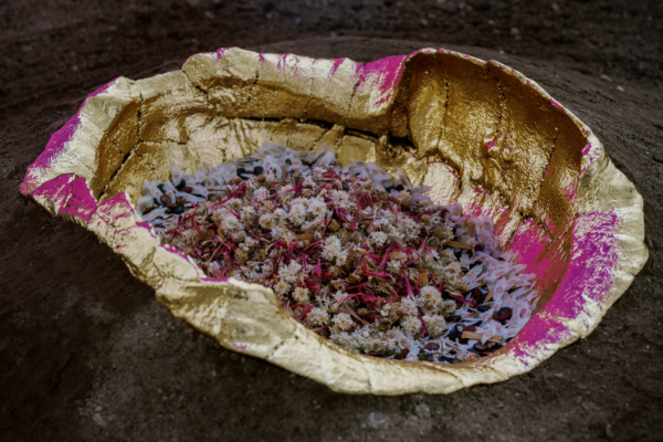 goldene Schalte mit blauen Beeren