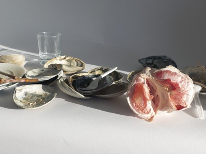 Ein Stillleben aus ausgeleerten Muscheln mit einer Gabel darauf, einem leeren Glas und einer halb gegessenen Grapefruit