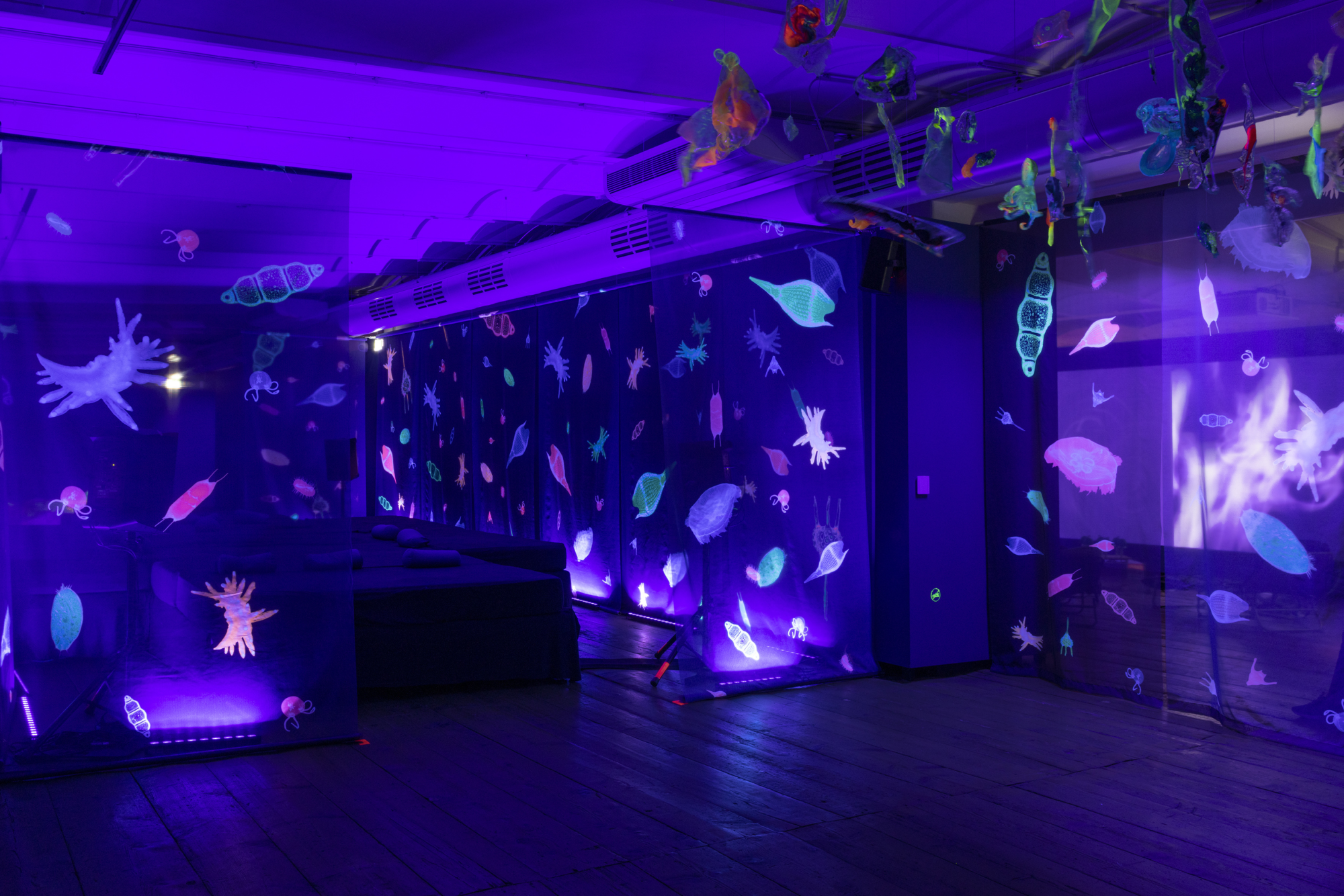 Dunkles Zimmer mit dünnen, dunklen, durchsichtigen Vorhängen, auf denen schillernde, bunte Meerestiere abgebildet sind die schwarzen Matratzen mit kleinen Kissen umgeben